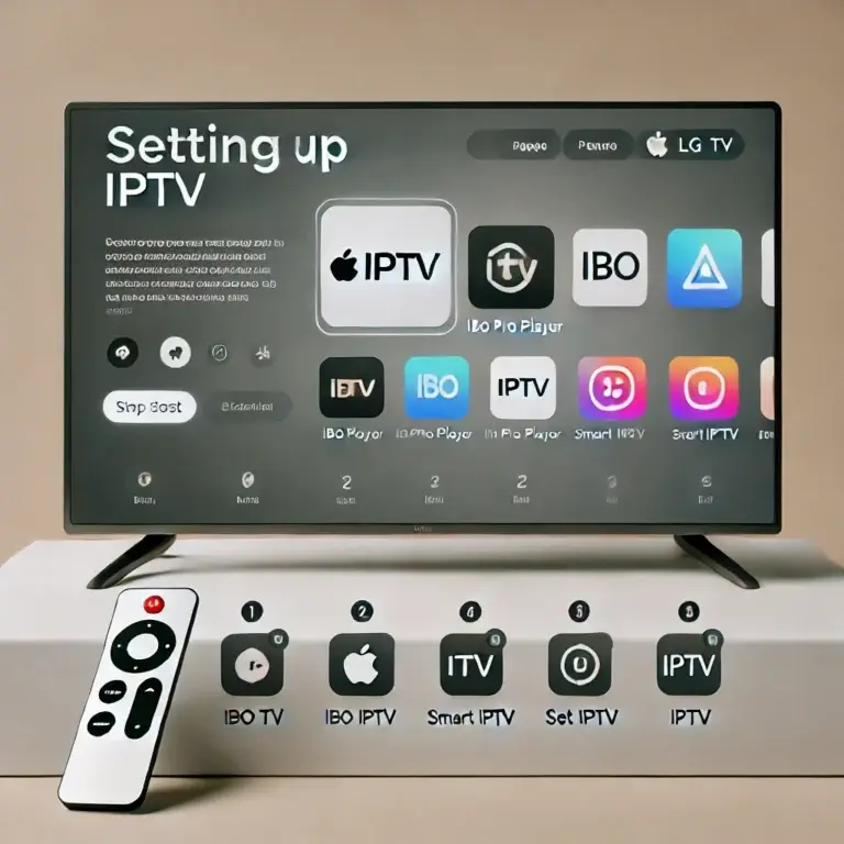 DALL·E 2024-11-10 21.49.02 - A modern blog post design displayed on a screen showing a step-by-step guide for setting up IPTV on an LG TV